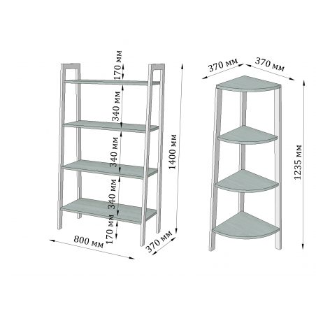 Габариты комплекта стеллажей на 4 полки Призма Металл-Дизайн Loft